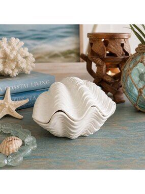 Ceramic Seashell Trinket Box Coastal Decor White Shell Jewelry Dish Beach Cottag